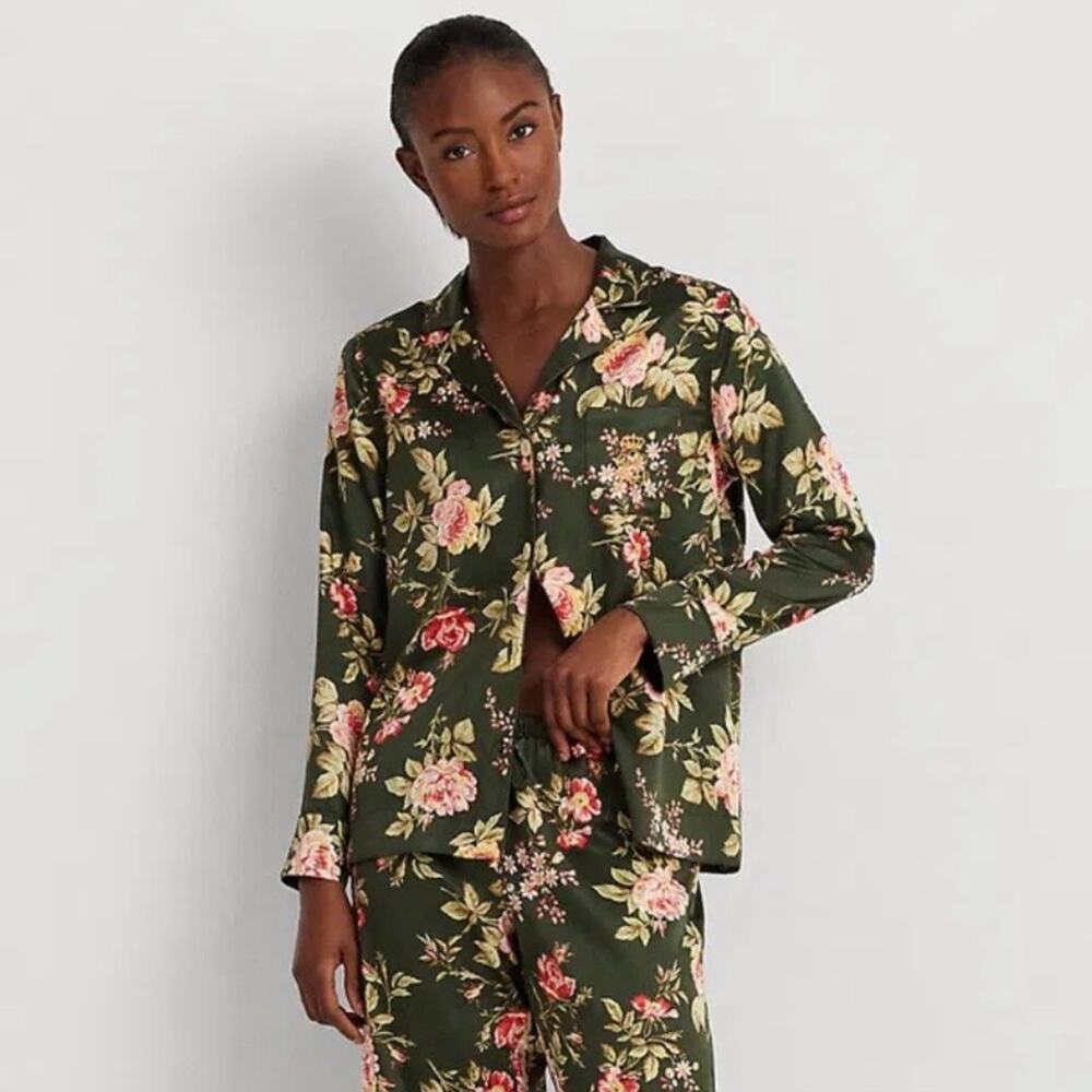 Lauren Ralph Lauren Cottagecore Green Floral Satin Pajama Blouse Top Size S